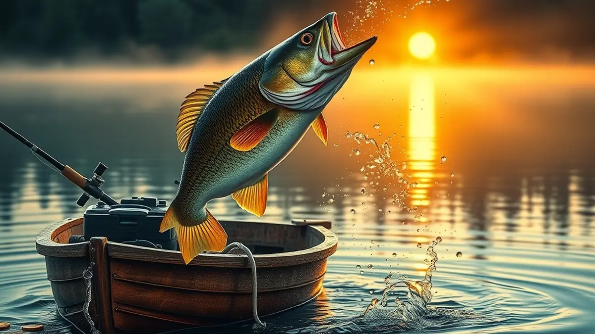 Bass leaping beside a fishing boat with gold coins, Big Bass Bonanza theme