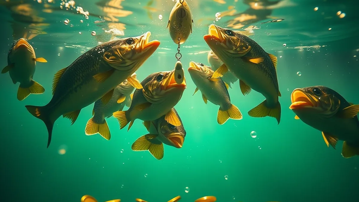 Underwater bass circling glowing golden rings, inspired by Big Bass Splash