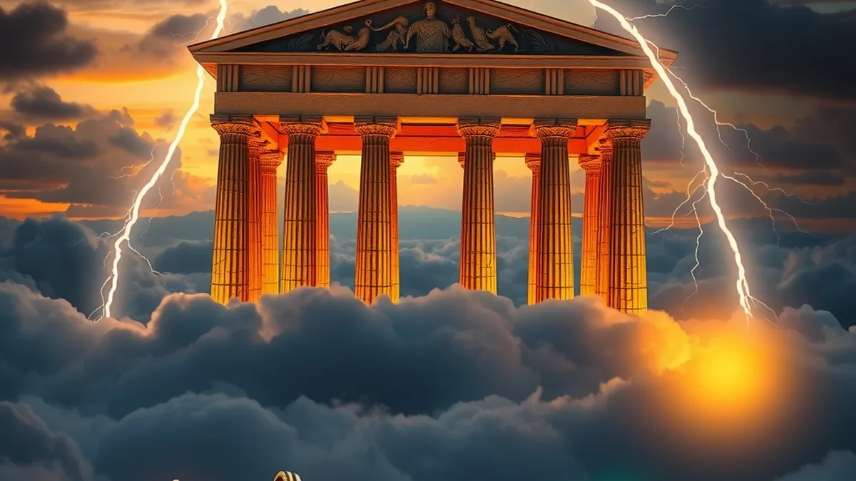Lightning striking glowing orbs at a cloud temple, Gates of Olympus theme