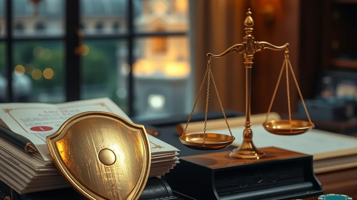 Golden shield, scales and documents symbolising whether Lizaro casino is legit