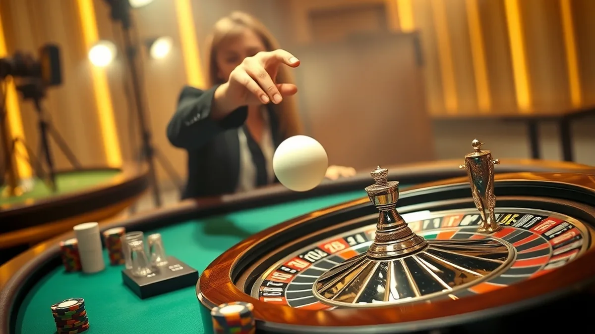 Dealer's hands spinning a roulette wheel at a Lizaro live casino table