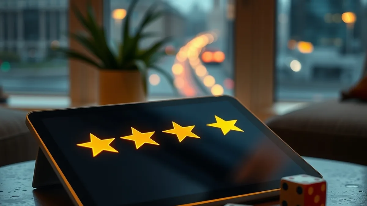 Tablet with golden rating stars representing Lizaro reviews from UK players